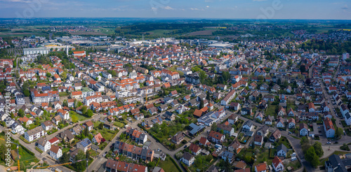 Aerial view of the city Senden in Germany, Bavaria on a sunny spring day during the coronavirus lockdown. 