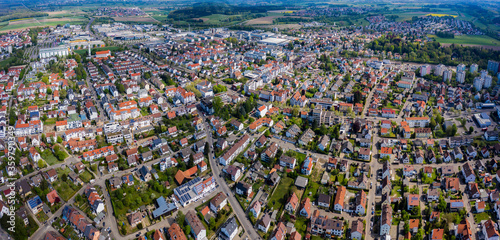 Aerial view of the city Senden in Germany, Bavaria on a sunny spring day during the coronavirus lockdown. 