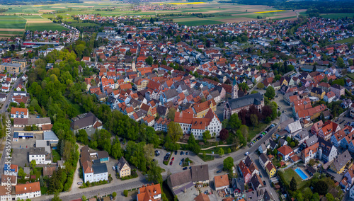 Aerial view of the city Weißenhorn in Germany, Bavaria on a sunny spring day during the coronavirus lockdown. 