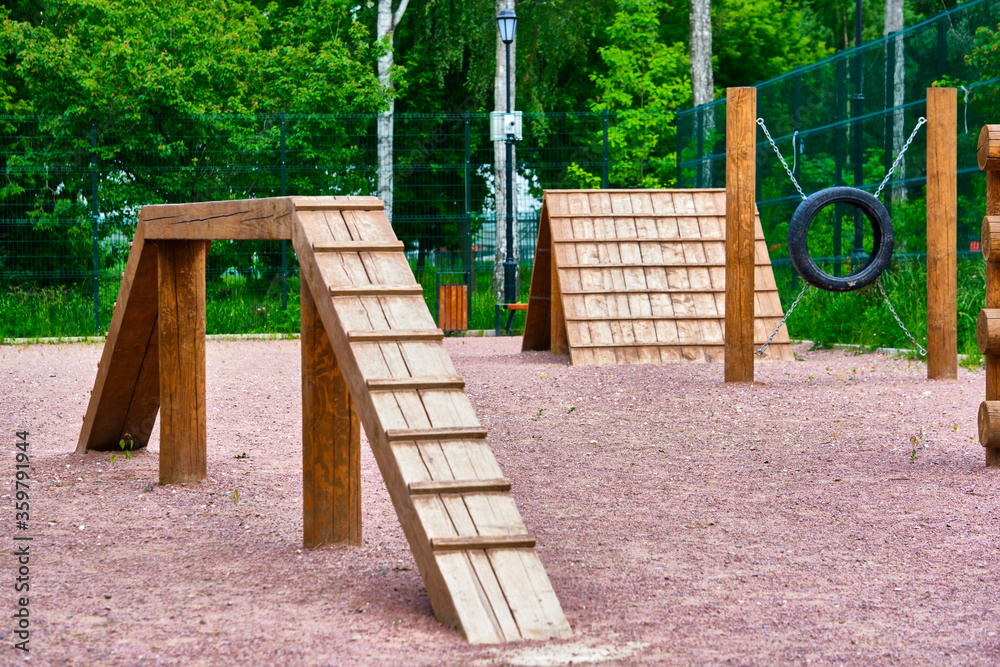 Ladder for training dogs. Sports equipment for practicing with pets on the site. Special area for classes. Empty training ground. color Ladder for training dogs. Sports equipment for practicing with pets on the site. Special area for classes. Empty training ground. color