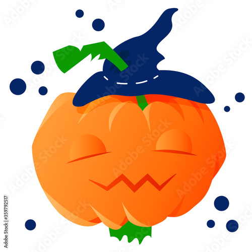 Stock vector illustration of contented halloween pumpkin in hat. Autumn holidays. Happy Halloween funny icon for party invitations or greeting cards with traditional symbols. White isolated background