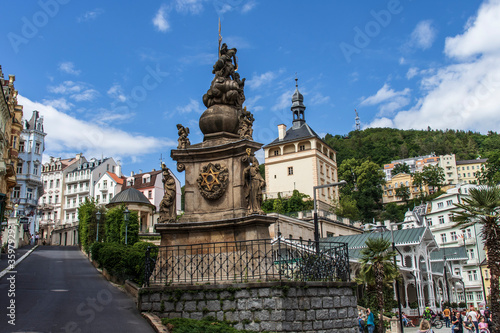 View on center of Karlovy Vary, Plague Column and castle of Charles IV