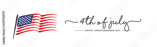 Happy Independence day 4th of july handwritten typography US abstract wavy flag white background banner