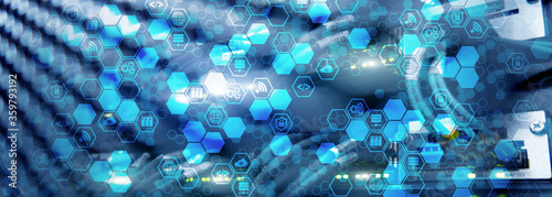 Schilderij op canvas Blue Honeycomb Icons on Technology Management Center