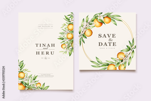 Botanical watercolor orange fruits wedding invitation card template