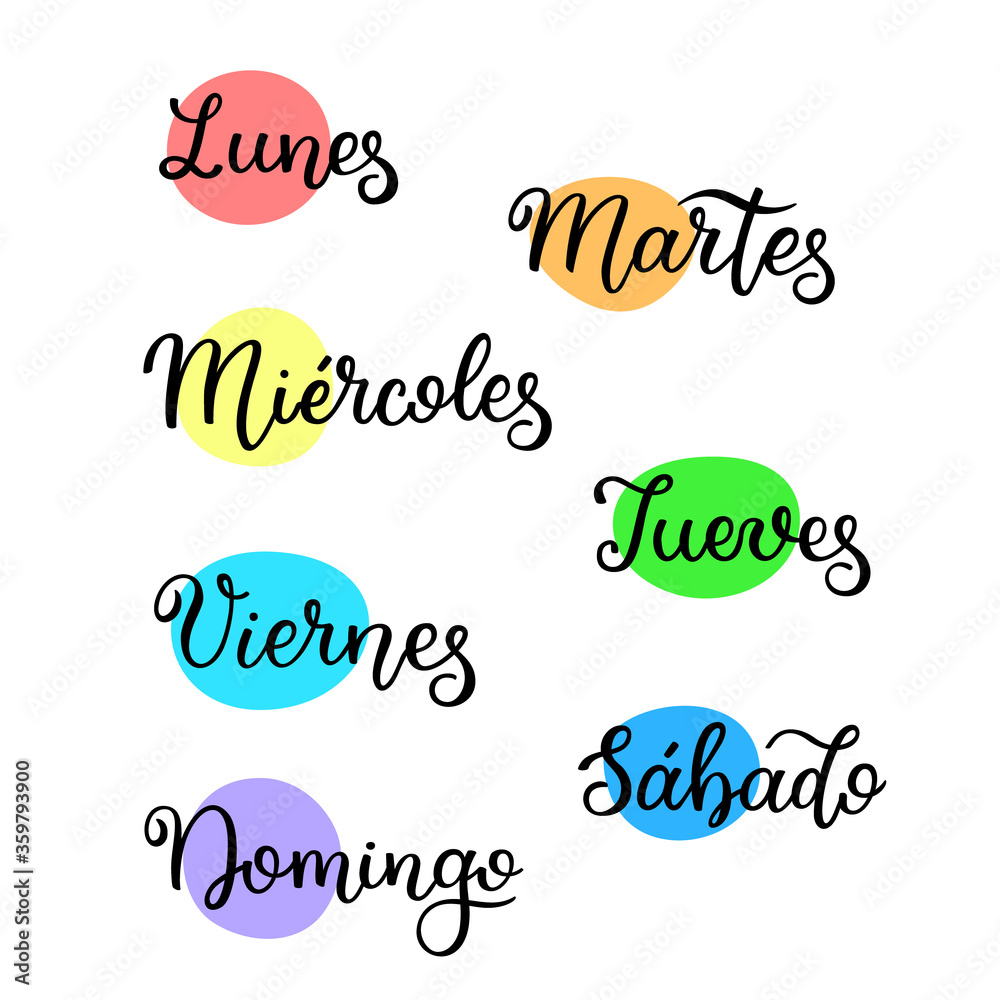 Lettering in spanish, days of the week Monday, Tuesday, Wednesday