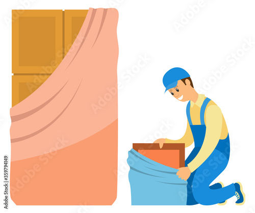 Repairman installing door or locker, furniture banners. Smiling workman in uniform, repair indoor, wooden cupboard, brown entry, home decor vector