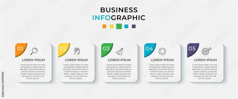Business Infographic design template Vector with icons and 5 options or steps. Can be used for process diagram, presentations, workflow layout, banner, flow chart, info graph