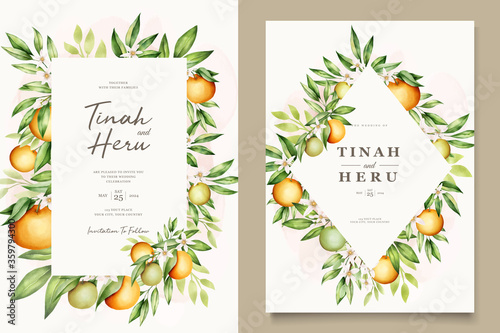 Botanical watercolor orange fruits wedding invitation card template