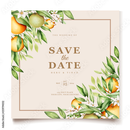 Botanical watercolor orange fruits wedding invitation card template