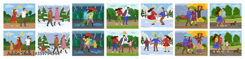 Family in various weather conditions. Couples strolling in summer and winter. People wearing seasonal clothes and walking on street in rain, snowfall in park, summer heat. Weather climate. Family walk