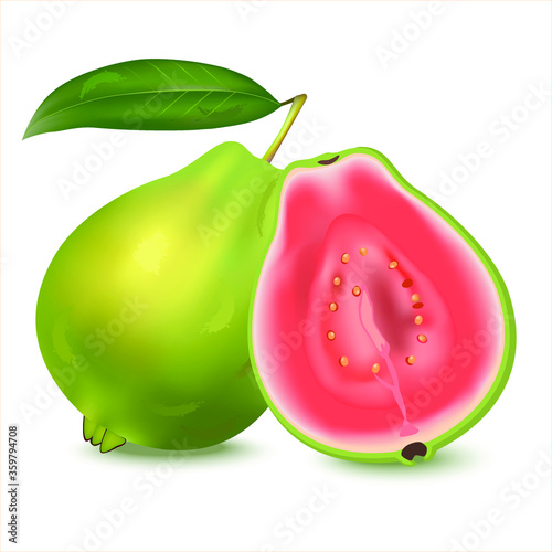 Fresh whole and half guava  with leaves or Psidium guajava, isolated on white background. Can Lower Blood Pressure & Cholesterol, enhance Body Immunity. Guava fruit contains a lot of vitamin C.
