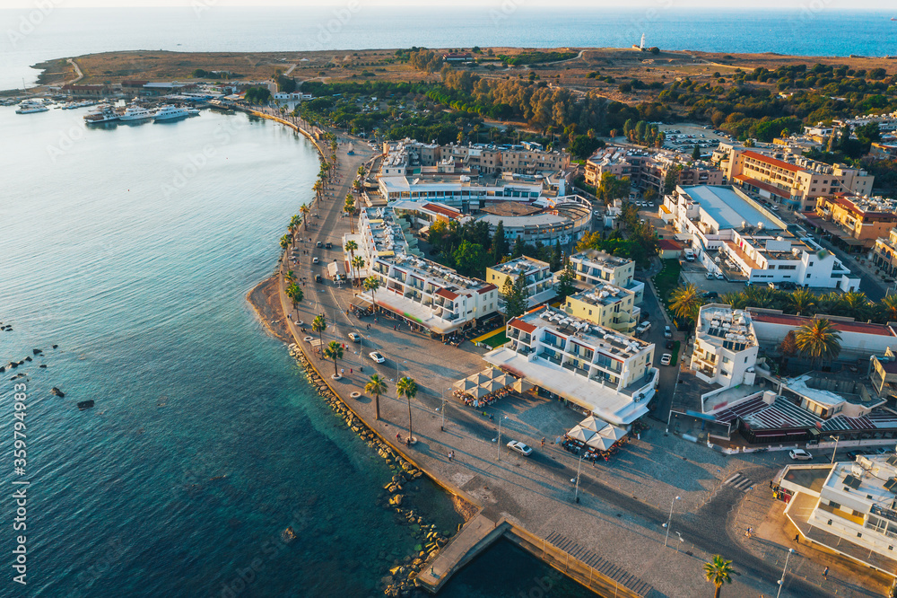 Cyprus, Paphos embankment, aerial view. Famous mediterranean resort city Summer Travel.