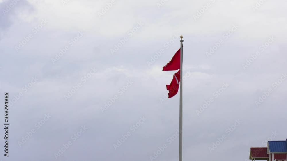 Double red flags indicating dangerous ocean surf, swimming banned Double red flags indicating dangerous ocean surf, swimming banned