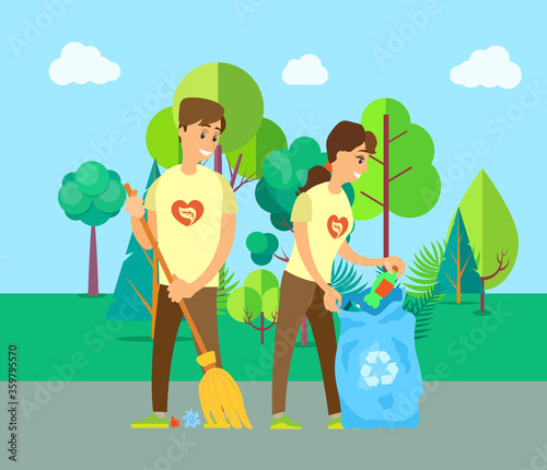 Man and woman volunteers sweeping road, cleaning trash and bottle, people holding broom and bag with litter, smiling workers near trees, eco vector