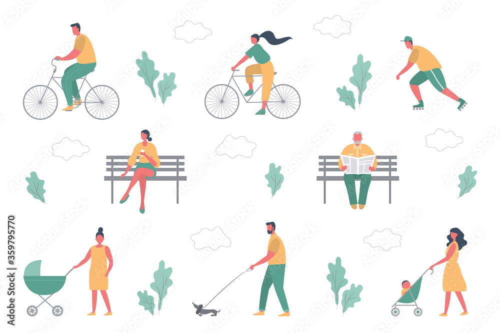 Summer people activities in park. Men and women are resting: ride a bicycle, roller skate, walk with a stroller, read a newspaper,  drink coffee, walk a dog. Healthy lifestyle concept. Flat style