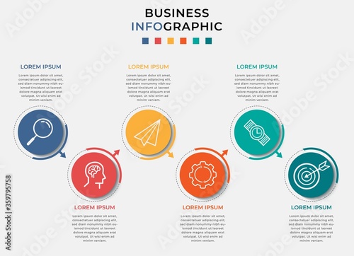 Business Infographic design template Vector with icons and 6 six options or steps. Can be used for process diagram, presentations, workflow layout, banner, flow chart, info graph