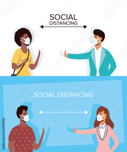 interracial people wearing medical masks and social distancing