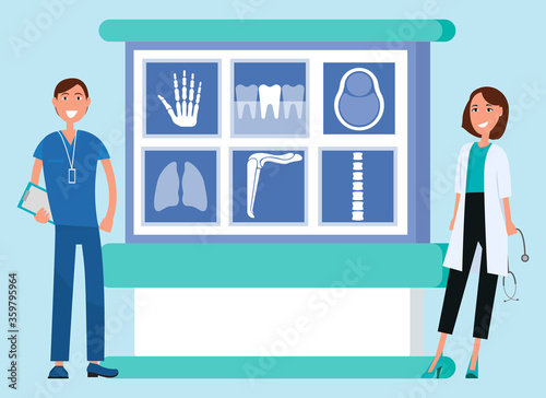 Screen with xrays of patients vector, man and woman doctors in clinic examining scans. Hand and brain, ribs and lung scanning, specialists and expert