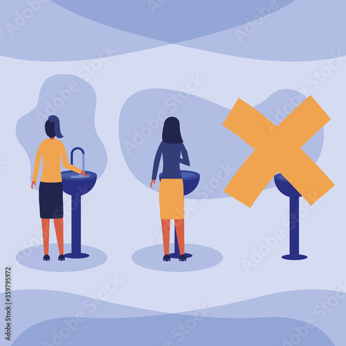 Women washing her hands on water tap vector design