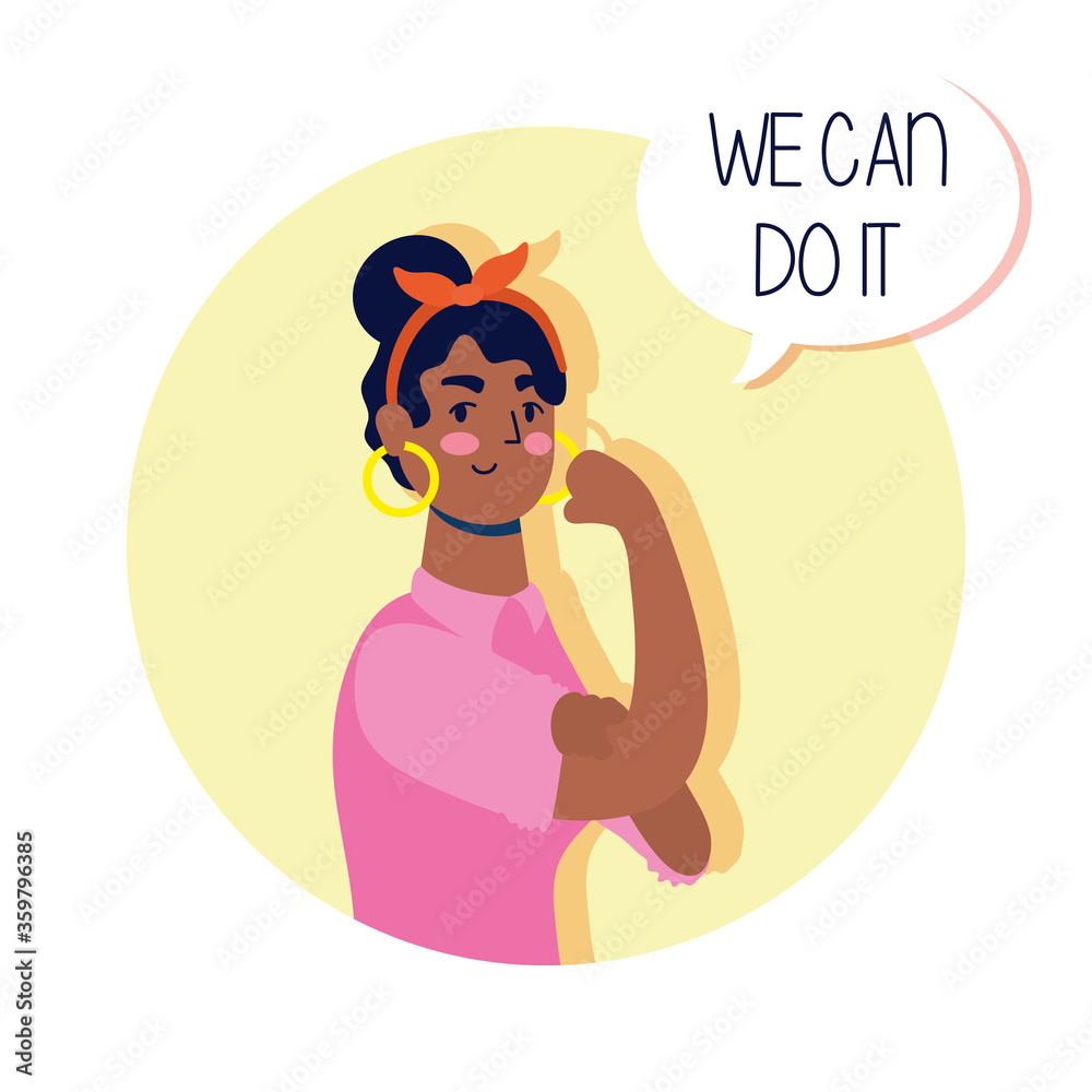 young woman strong with we can do it message in speech bubble young woman strong with we can do it message in speech bubble