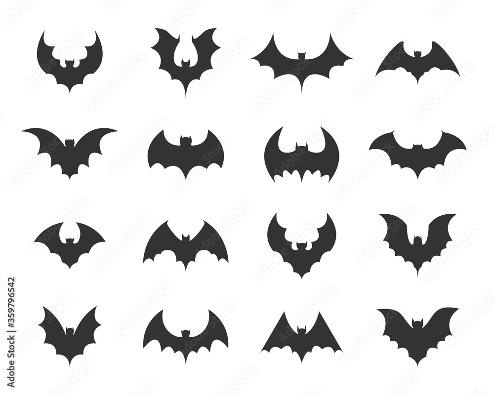 Set of black silhouettes of bats Set of black silhouettes of bats