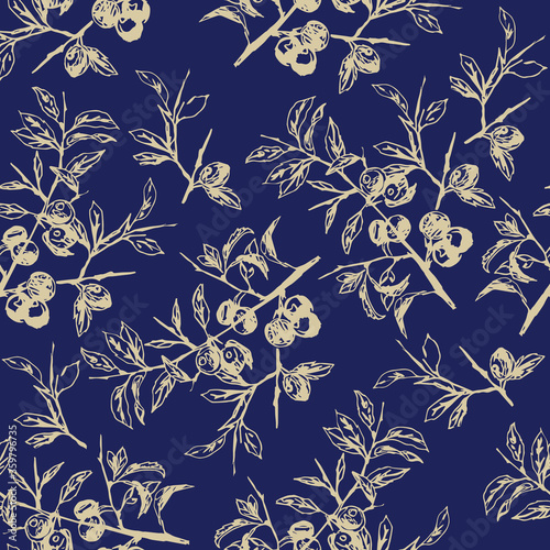 Seamless floral pattern with silhouetted of blackthorn or olive branches with fruits or berries. Hand drawn sketches.