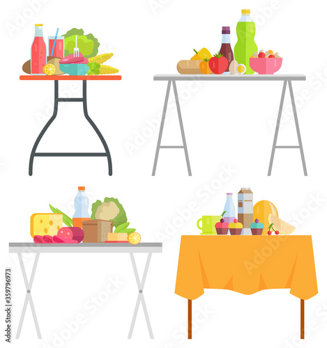 Cooking ingredients and snack, food and drinks tables isolated vectors. Vegetables and fruits, meat and cheese, cupcakes and bread, juice and milk