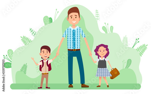 Back to school  father and two happy kids with backpacks isolated on backdrop with green leaves. Vector children come back to study in kindergarten