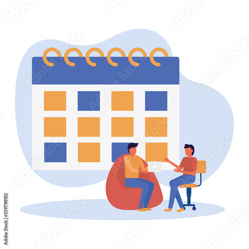 Men avatars on puf and chair with calendar vector design