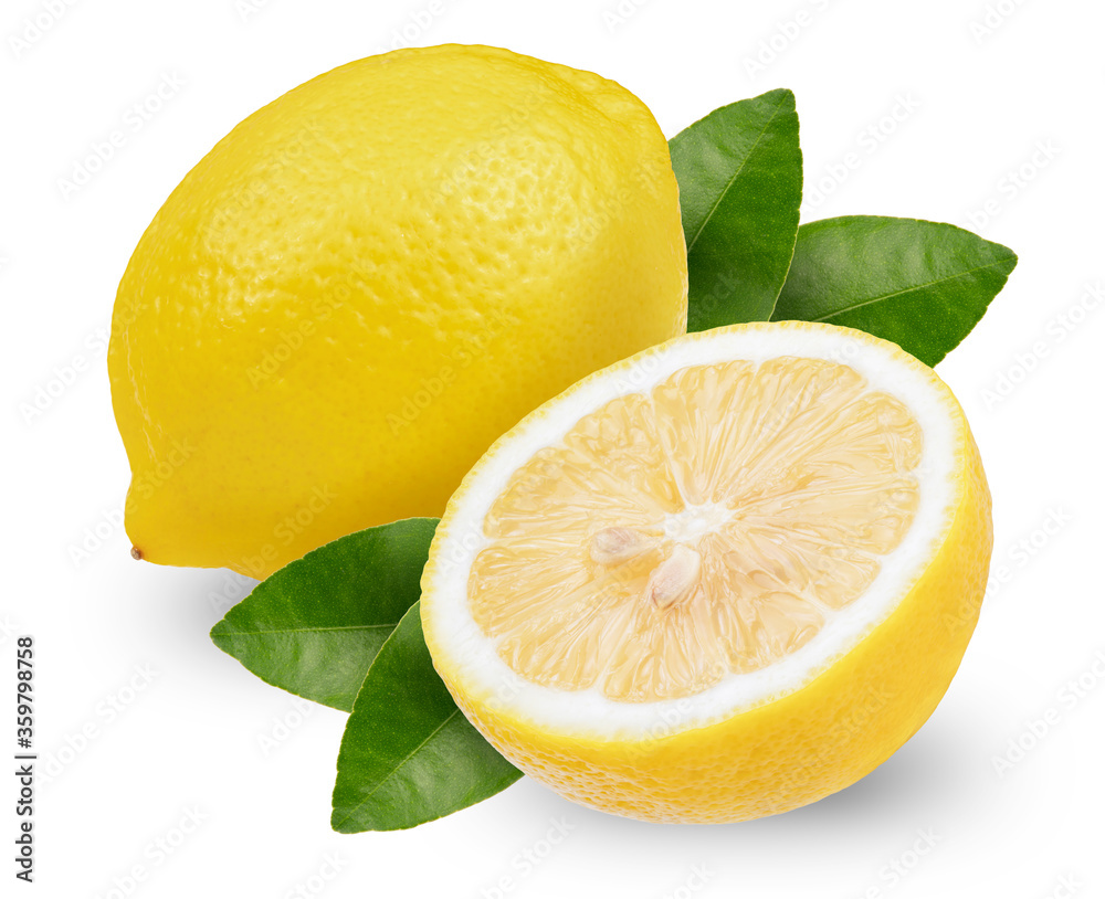 Fresh lemons and slice isolated on white background, Lemon Fruit with leaf on a white background, With clipping path