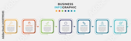 Business Infographic design template Vector with icons and 7 seven options or steps. Can be used for process diagram, presentations, workflow layout, banner, flow chart, info graph