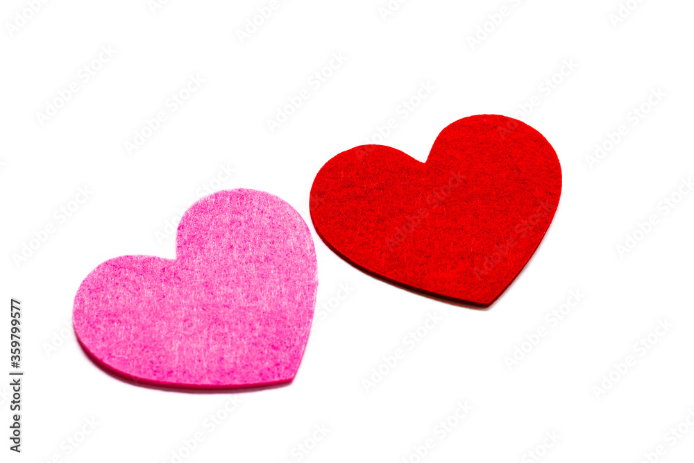 Fototapeta premium Valentines Day background, colorful decoration design with space for text. Paper cut red hearts on white background, top view concept. Romantic concept, flat lay.