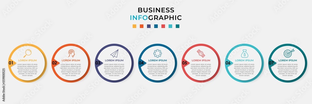 Obraz premium Business Infographic design template Vector with icons and 7 seven options or steps. Can be used for process diagram, presentations, workflow layout, banner, flow chart, info graph