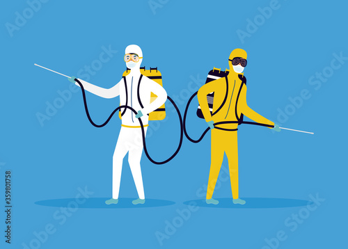 biosafety workers with sprayers disinfect