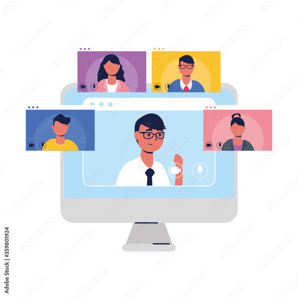 Man avatar on laptop and people in video chat vector design