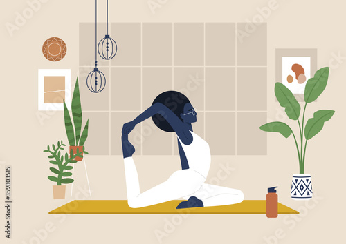 Young black female character doing stretching exercises, mindfulness and meditation,  yoga studio