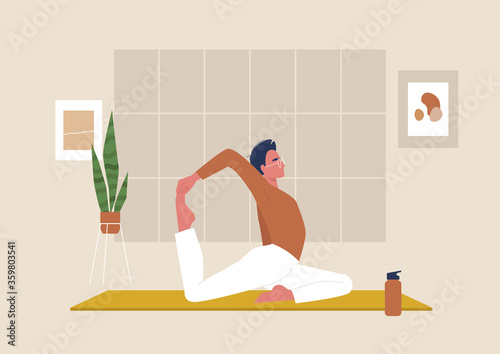 Young male character doing stretching exercises, mindfulness and meditation,  yoga studio