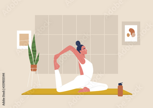 Young female character doing stretching exercises, mindfulness and meditation,  yoga studio