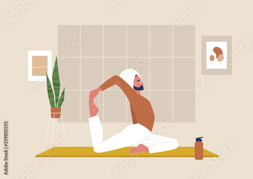 Young indian male character doing stretching exercises, mindfulness and meditation,  yoga studio