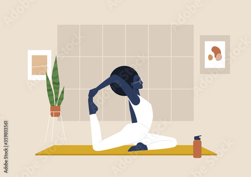 Young black female character doing stretching exercises, mindfulness and meditation,  yoga studio