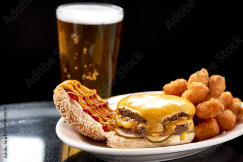 Double Cheeseburger with Tater Tots and Beer
