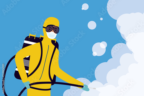 biosafety worker with sprayer disinfect