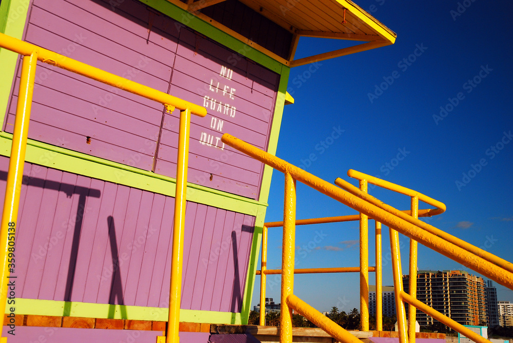 Purple and yellow Art Deco lifeguard station, Miami Beach