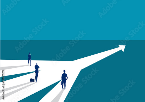 Businessman standing on middle way and choosing direction. Business concept. Modern vector illustration. Direction