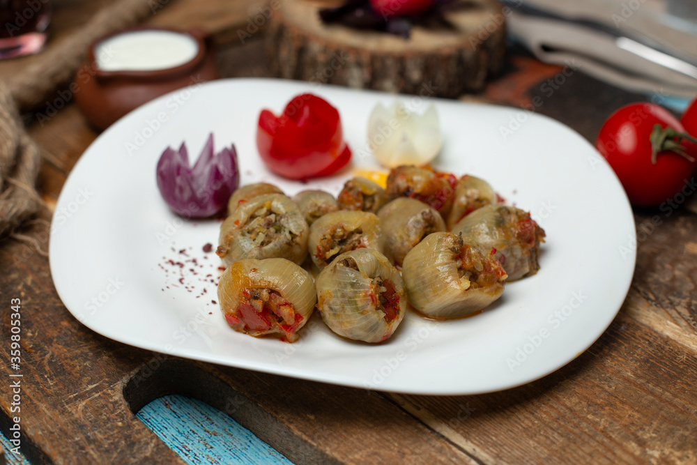 Caucasian traditional onion filling in a white plate, served with vegetables on a wooden board Caucasian traditional onion filling in a white plate, served with vegetables on a wooden board