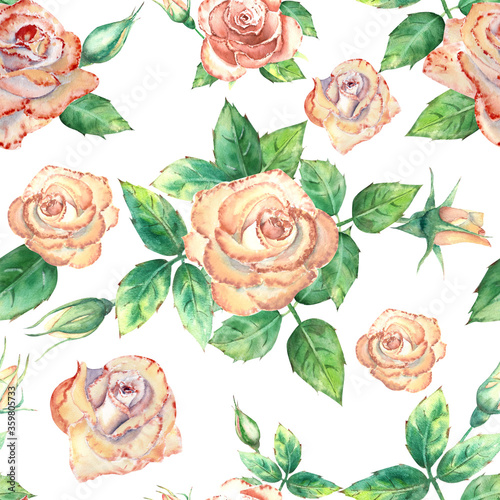 Seamless pattern with peach roses. Peach roses, green leaves, open and closed...