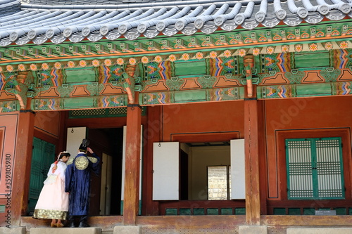 Seoul South Korea - Gyeongbokgung Palace vistors wearing traditional costumes photo