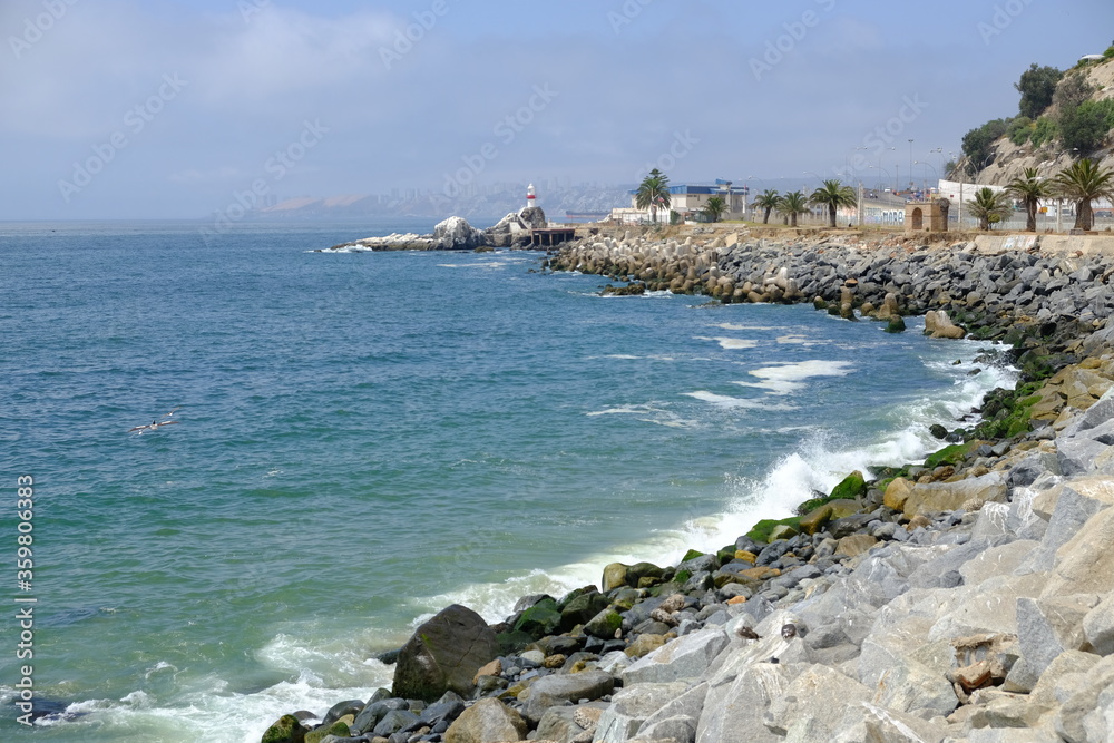 Chile Valparaiso - Coastline at Avenue of Spain with navigational light