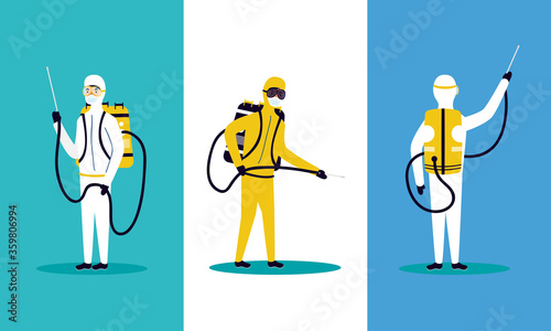 biosafety workers with sprayers disinfect
